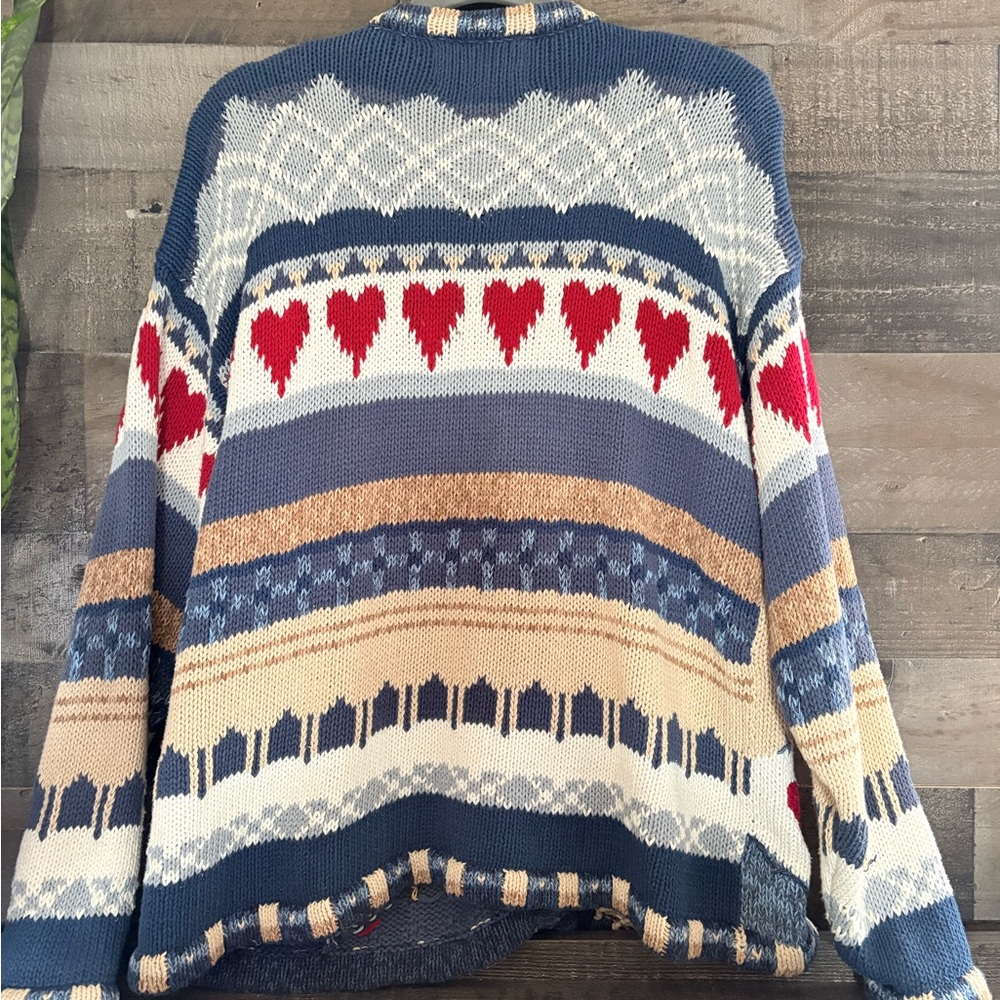 Patchwork Rooster Cardigan Sweater - Blue/Cream - image 4